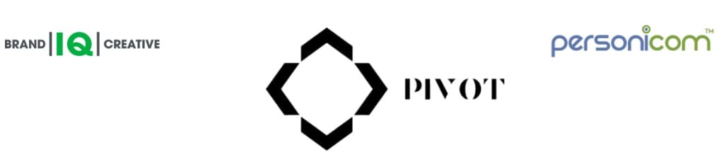 Brand IQ Creative, PIVOT, and PersoniCom logos announcing the press-release partnership.