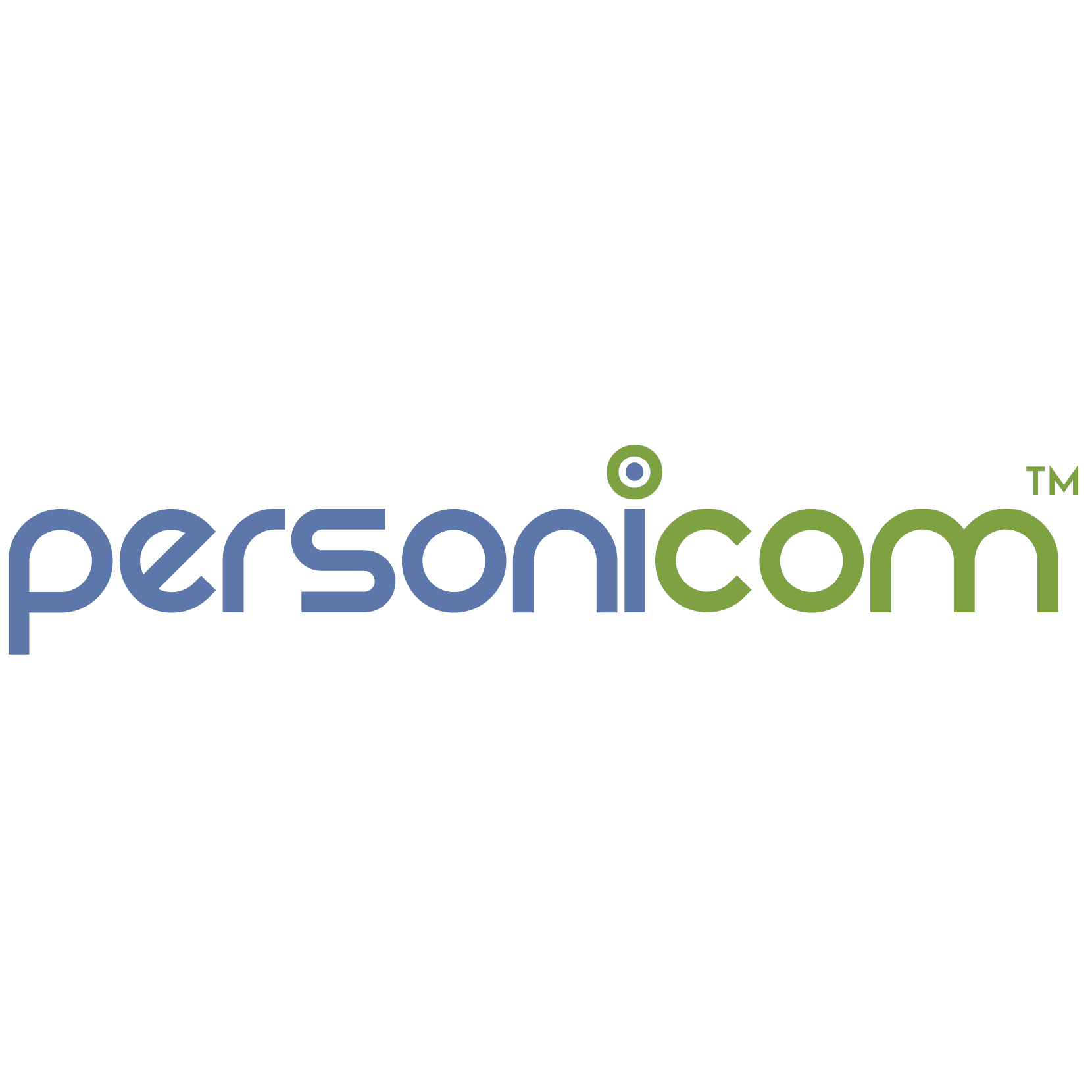 PersoniCom logo - "personicom™", blue-text wordmark with green dot accent on the i