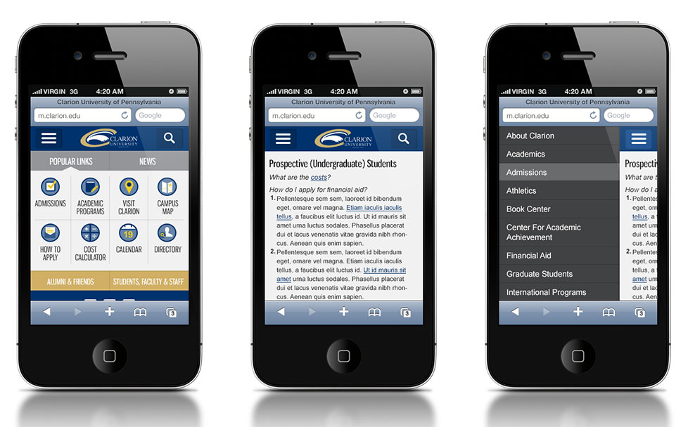 Clarion University mobile site